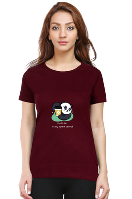 Caffeinated Panda women’s t-shirt with panda holding coffee graphic