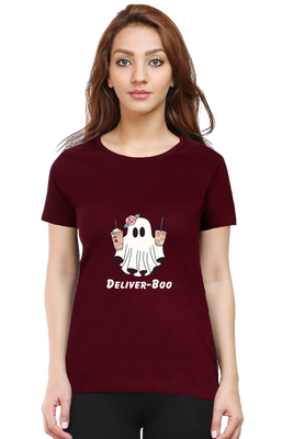 A female ghost design holding coffee in both hands and the text Deliver Boo. – Women’s Regular Fit T-shirt by Rizz Studio