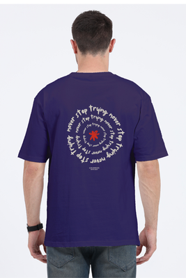 A circular spiral design with the text never stop trying written in the spiral on the back – Oversized T-shirt by Rizz Studio