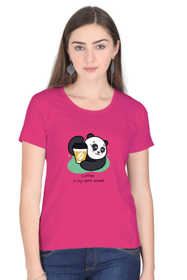 Caffeinated Panda women’s t-shirt with panda holding coffee graphic