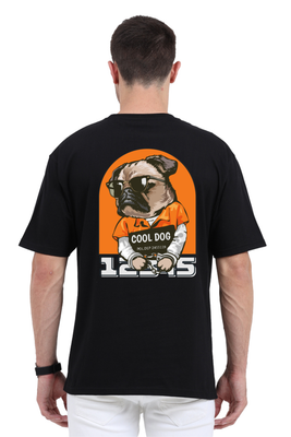 A dog in shades and jail suit with a signboard saying Cool Dog on the back – Oversized T-shirt by Rizz Studio