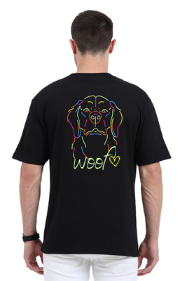 A neon dog graphic with the text Woof on the back – Oversized T-shirt by Rizz Studio