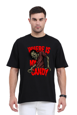 An image of a zombie with the text Where is my candy in red color (halloween theme) – Oversized T-shirt by Rizz Studio