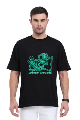 A skeleton doing leg press with neon text Stronger Every Day – Oversized T-shirt by Rizz Studio