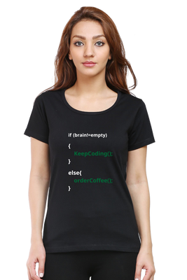 Women’s t-shirt with Coffee & Code programming graphic by Rizz Studio