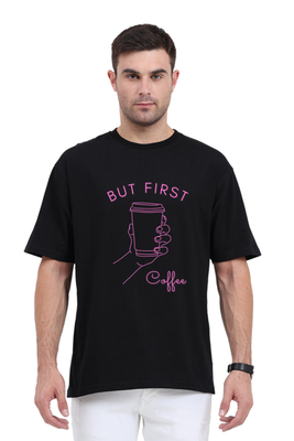 Coffee First oversized t-shirt with hand holding coffee cup graphic by Rizz Studio