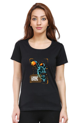 Need More Space women’s regular fit t-shirt featuring astronaut dunking with planet graphic