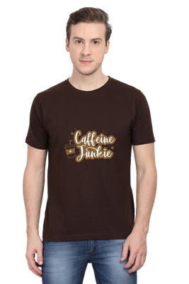 Regular fit t-shirt with bold coffee cup graphic and text "Caffeine Junkie"