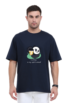 Oversized Caffeinated Panda T-Shirt with panda holding coffee graphic