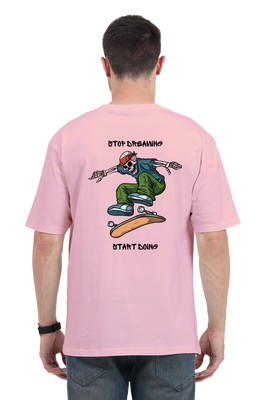 A hipster skeleton on a skateboard with the text Stop Dreaming Start Doing on the back – Oversized T-shirt by Rizz Studio