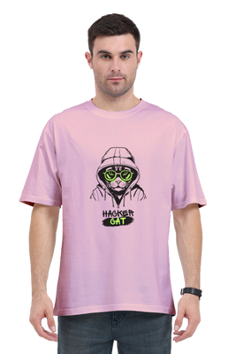 Oversized t-shirt with graphic of cyberpunk cat wearing a hoodie
