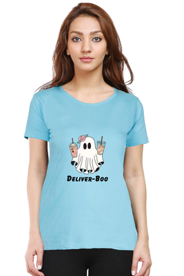 A female ghost design holding coffee in both hands and the text Deliver Boo. – Women’s Regular Fit T-shirt by Rizz Studio