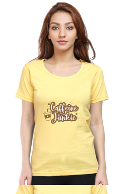 Caffeine Junkie women’s t-shirt with bold coffee cup graphic
