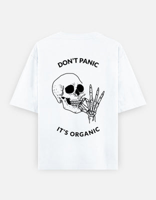 Minimal black line art of a calm character holding a sign that reads “Don’t Panic, It’s Organic.”