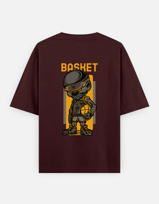 Urban cartoon basketball player with muscular build, bold sneakers, and the word “BASKET” in block letters above.