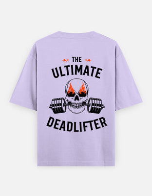 Oversized t-shirt with skull biting barbell and The Ultimate Deadlifter text, designed by Rizz Studio.