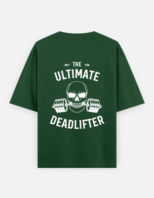 Oversized t-shirt with skull biting barbell and The Ultimate Deadlifter text, designed by Rizz Studio.