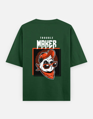 Oversized black t-shirt featuring a panda in sunglasses, red cap, and bandana with bold “Trouble Maker” text in red and white.