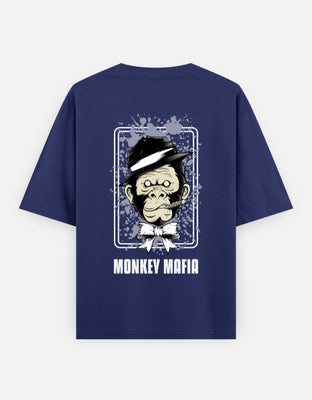 Cigar-smoking monkey in mafia hat with bold text "Monkey Mafia" – retro comic-style design in black and white with splatter effects.