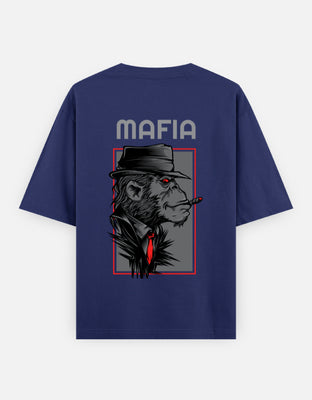 Oversized t-shirt featuring a bold "Monkey Mafia" design – a stylized ape in a fedora with a red tie and cigar, framed in a red and gray box with the word "MAFIA" on top.
