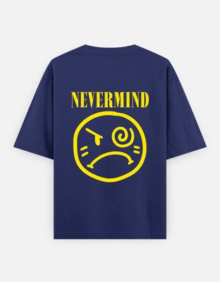 Oversized black t-shirt featuring bold yellow text “NEVERMIND” with a distorted sad face graphic inspired by grunge and counterculture streetwear.