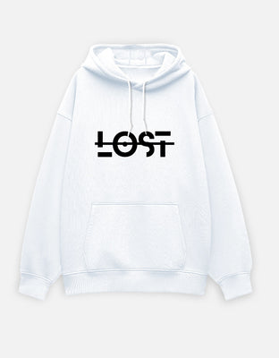 Oversized white hoodie with bold black “LOST” typographic graphic in a glitch/strikethrough style on the front.