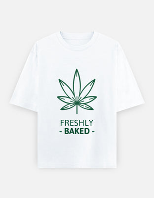 Minimalist green cannabis leaf line-art above the words “Freshly Baked” – modern stoner graphic on a clean background.