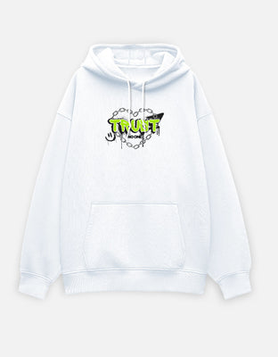 White oversized hoodie with graffiti-style text “TRUST NO ONE” in neon green, over a heart wrapped in barbed wire and chains.