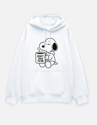 Snoopy Oversized white hoodie with a front-center sleepy dog holding a coffee mug that says “DON’T TALK TO ME.”