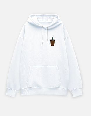 Oversized white hoodie with a minimal iced coffee cup graphic on the chest.
