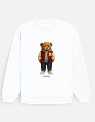 Oversized white sweatshirt featuring Rizz Bear graphic in a red-and-cream varsity jacket with jeans and sneakers, captioned “RIZZ BEAR” below.