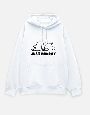 Oversized white hoodie with a sleeping dog illustration and bold “Just Monday” text on the front.