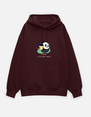 Oversized maroon hoodie with a front-center panda hugging a coffee cup and the text “Coffee is my spirit animal.