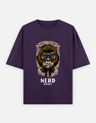 Realistic monkey face with glasses and bowtie, detailed fur illustration, over a tribal geometric background, text "NERD MONKEY" below.