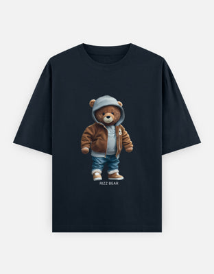Oversized t-shirt featuring a teddy bear in winter streetwear — brown jacket, hoodie, jeans, and fur-lined boots.