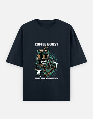 Animated coffee cup with a big smile riding a skateboard, splashing coffee out the top, with text “Coffee Boost – Bring Back Your Energy.”