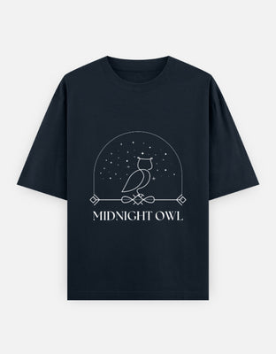 Oversized t-shirt with minimalist white owl and stars, Midnight Owl text, designed by Rizz Studio.
