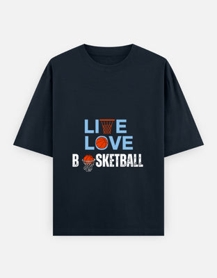 Oversized black t-shirt with Live Love Basketball text and basketball hoop graphics, designed by Rizz Studio.