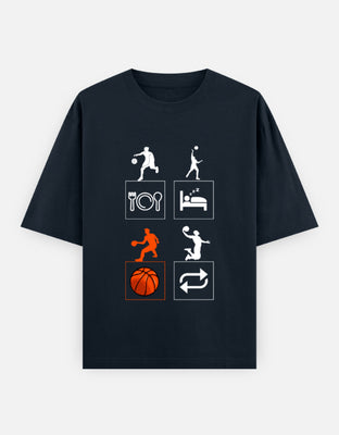 Oversized t-shirt with basketball routine icon graphics representing eat, sleep, play, and repeat, designed by Rizz Studio.