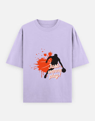 Oversized t-shirt with basketball splash and Just Wanna Play text, designed by Rizz Studio.
