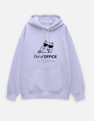 White oversized hoodie with a front-center graphic of a cat wearing sunglasses and the text “Out of OFFICE” with tagline “Since a long vacation. Forever.”