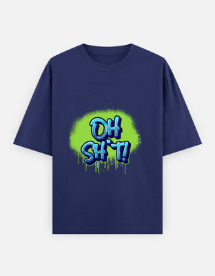 "OH SH*T!" graffiti-style text in bold blue over neon green spray paint splatter with paint drips.