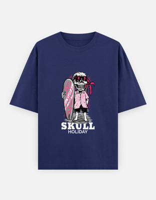 Grinning skeleton with surfboard, pink Hawaiian shirt, lightning bolt sunglasses, palm tree backdrop, and "SKULL HOLIDAY" text.