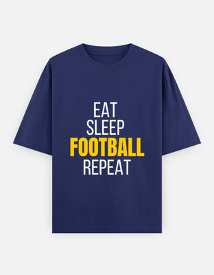 Oversized t-shirt with Eat Sleep Football Repeat text in bold yellow and white, designed by Rizz Studio.
