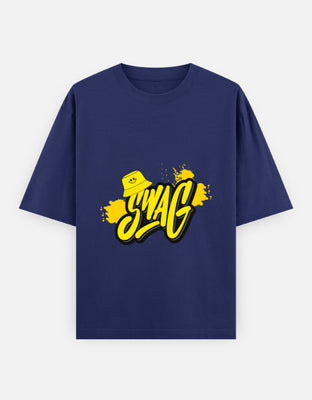 Oversized t-shirt with yellow Swag graffiti text and bucket hat graphic, designed by Rizz Studio.
