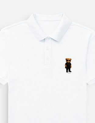 Cool Rizz bear wearing all-black outfit with sunglasses – graphic design on polo t-shirt