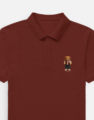 Teddy Rizz bear in red varsity jacket with “R” patch and hoodie – graphic design on polo t-shirt