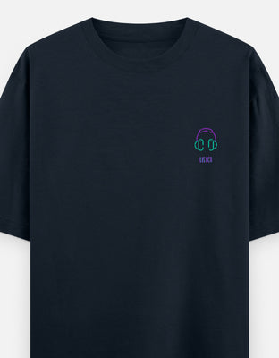Oversized t-shirt with neon purple and green headphones and Listen text, designed by Rizz Studio.